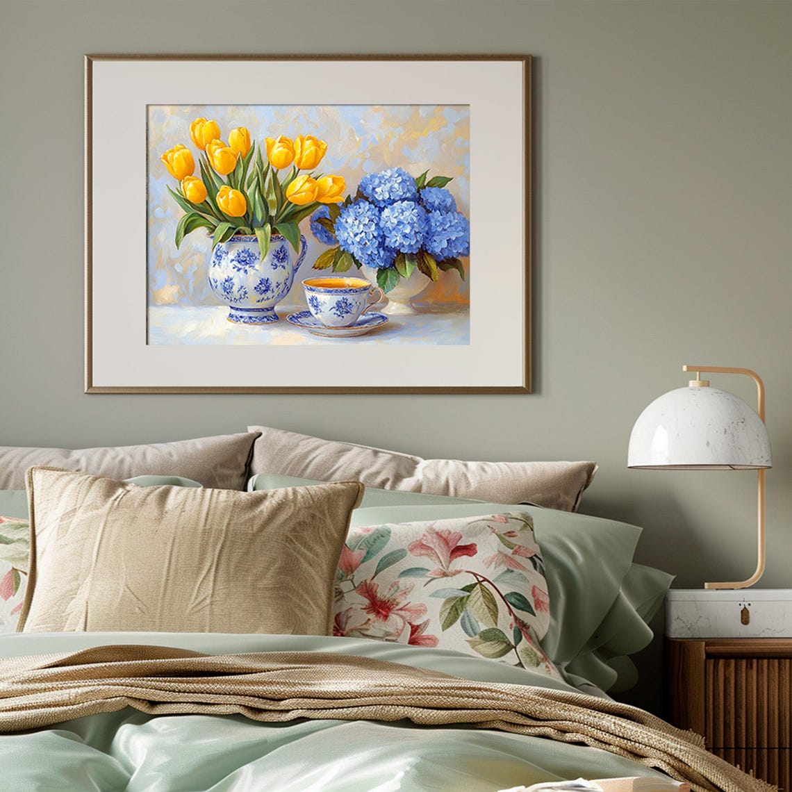 Yellow Tulips And Blue Hydrangeas Spring Floral Still Life Poster - Image 3
