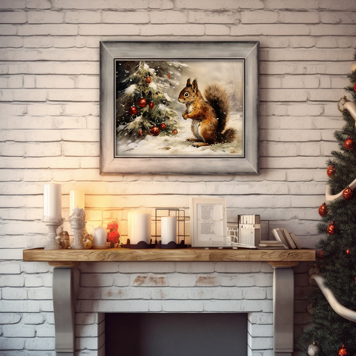 Squirrel Red Baubles Christmas Tree Snowy Forest Winter Animal Poster - Image 3