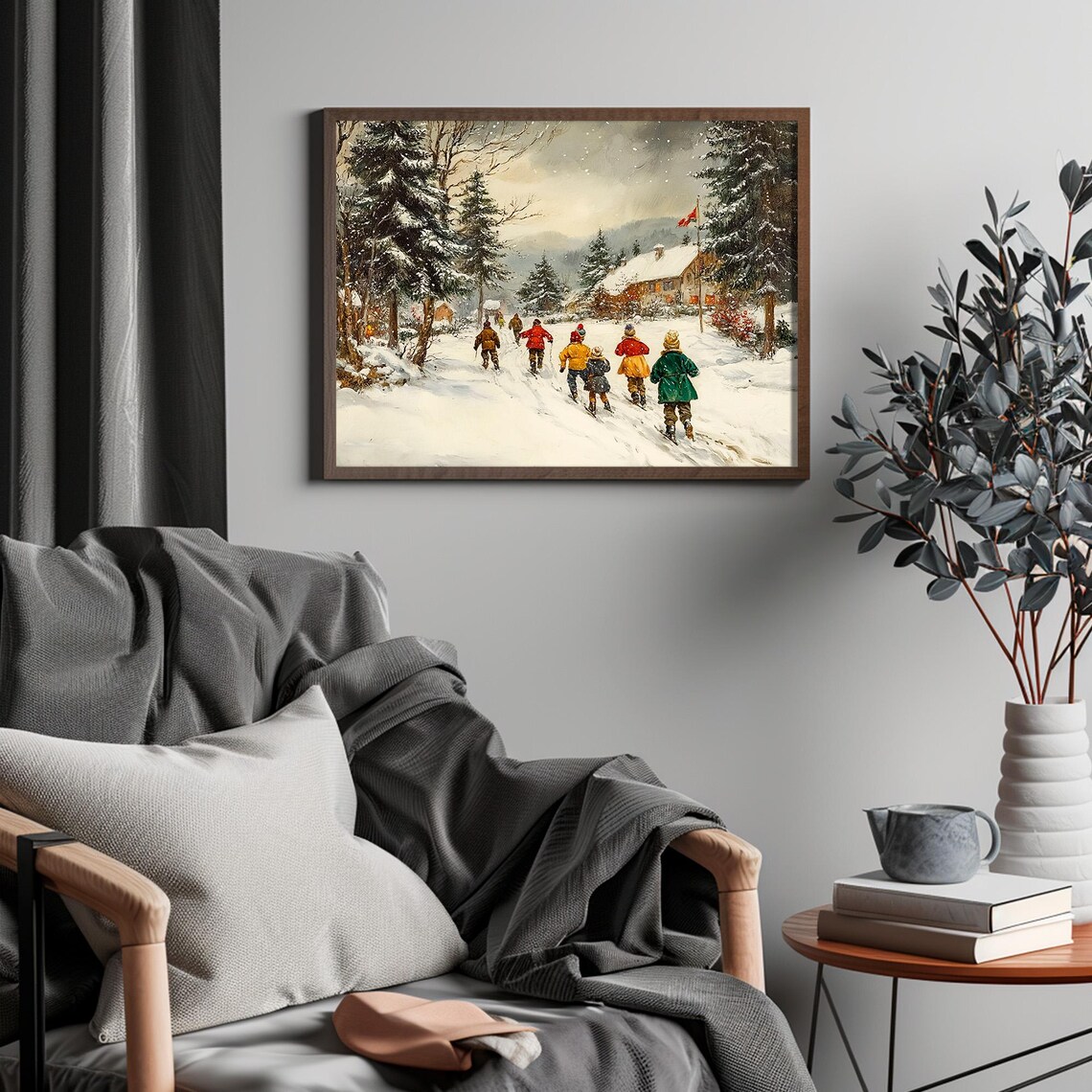 Children Skiing to Mountain Lodge Vintage Winter Scene Poster - Image 4
