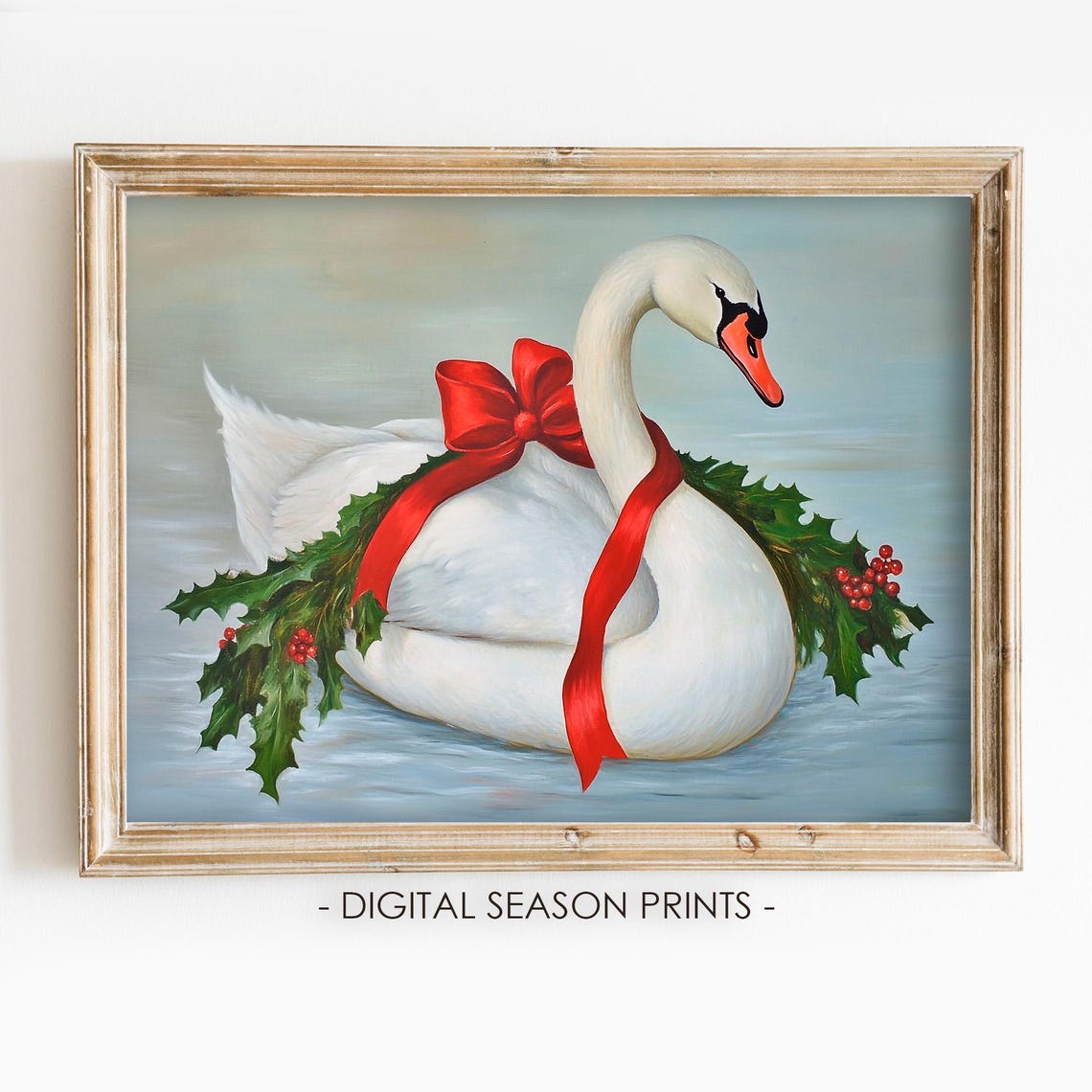 White Swan Holly Wreath Red Bow Elegant Christmas Bird Art Print