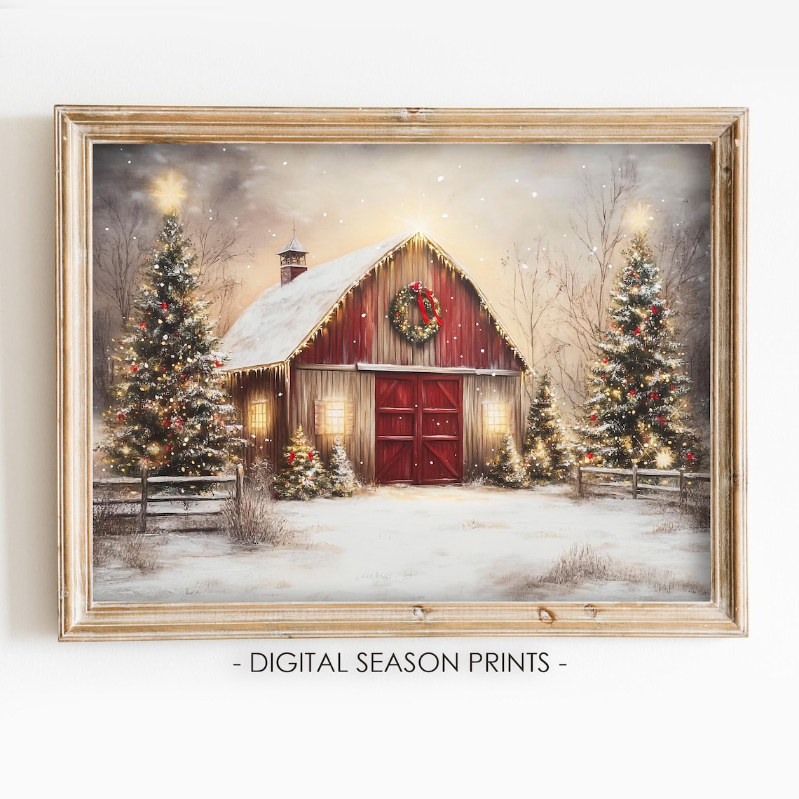 Red Christmas Barn Glowing Trees Snowy Farmhouse Winter Night Poster