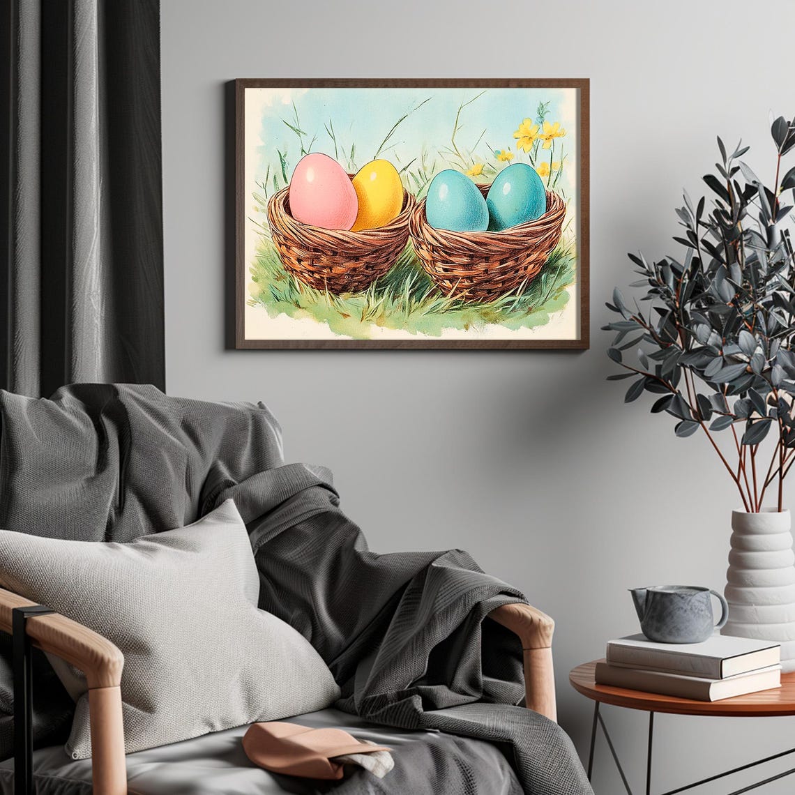 Colorful Easter Eggs In Wicker Baskets On Spring Grass Scene Poster - Image 4