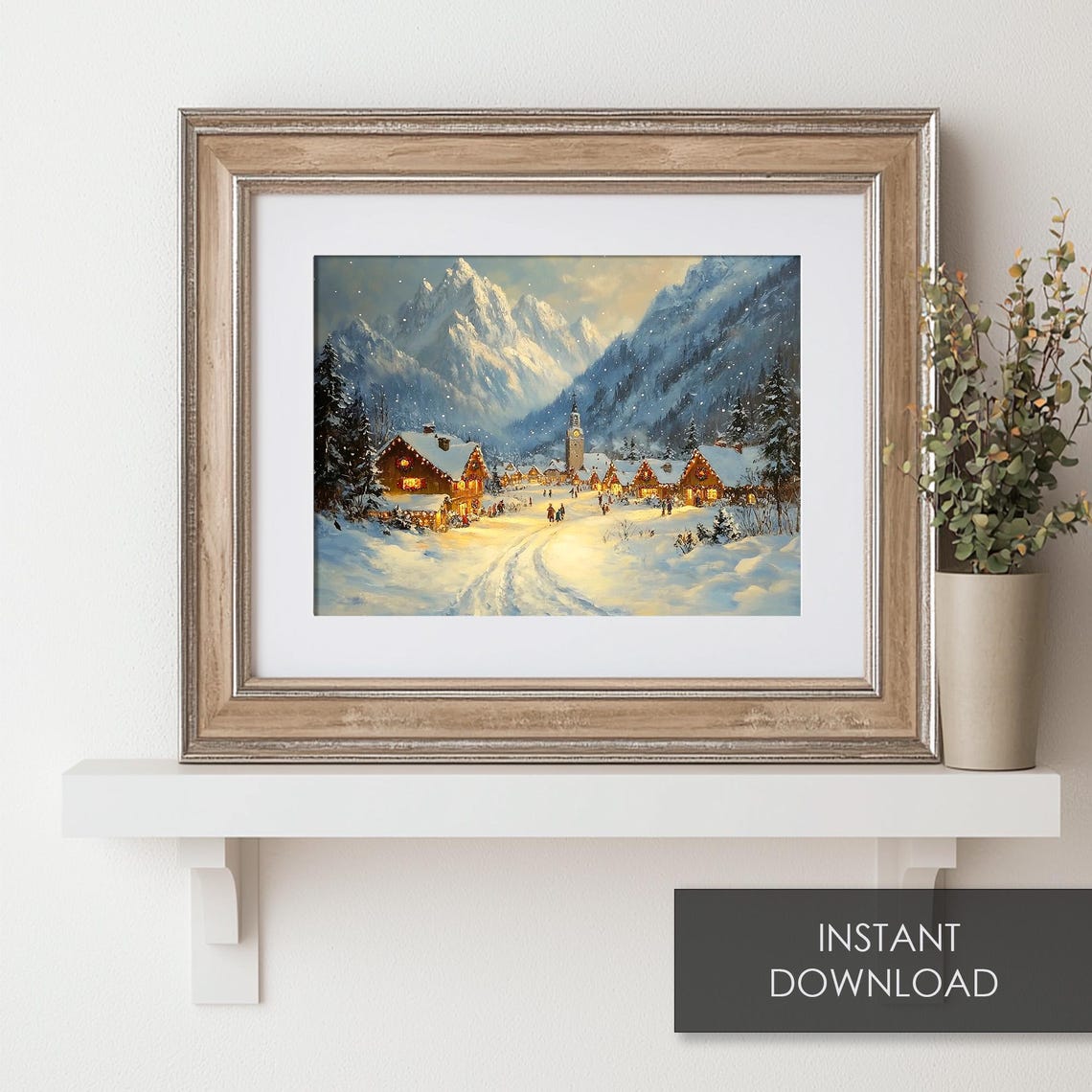Snowy Alpine Village Night Glowing Windows Winter Night Poster - Image 6
