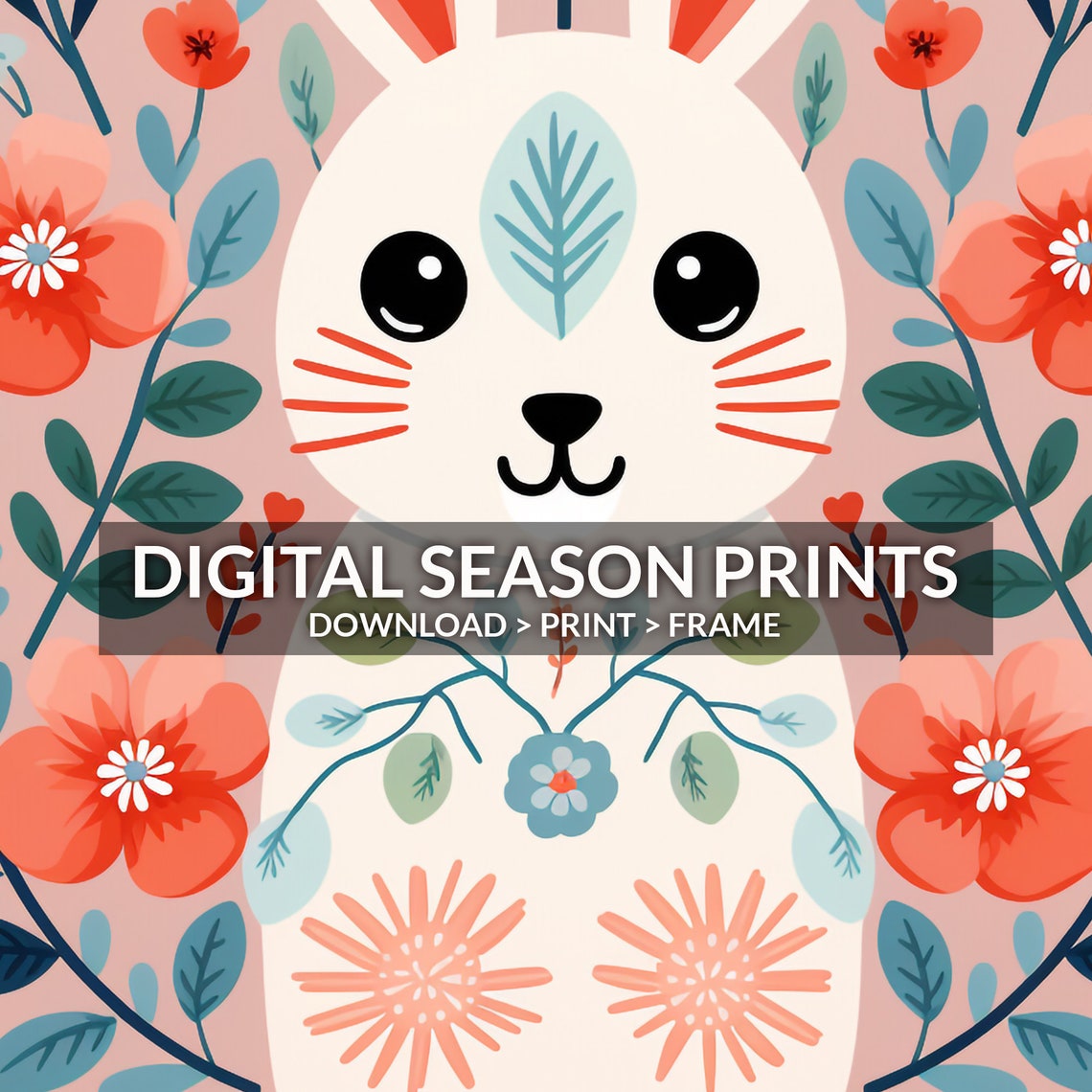 Cute Folk Art Bunny Rabbit Pink Floral Nursery Kids Room Art Print - Image 6