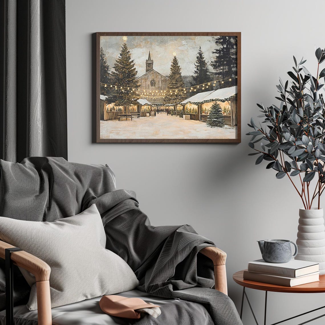 Christmas Market Vintage Christmas Town With Gothic Church Print Christmas Village Wall Art Winter Painting - Image 4