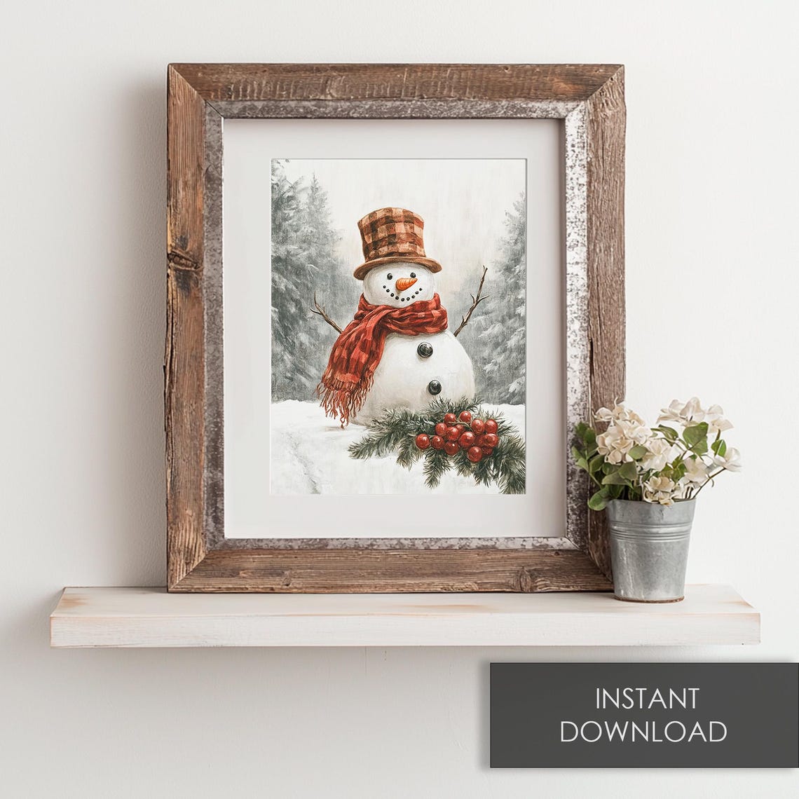 Cute Snowman Plaid Hat Red Scarf Pine Berry Winter Christmas Poster - Image 6