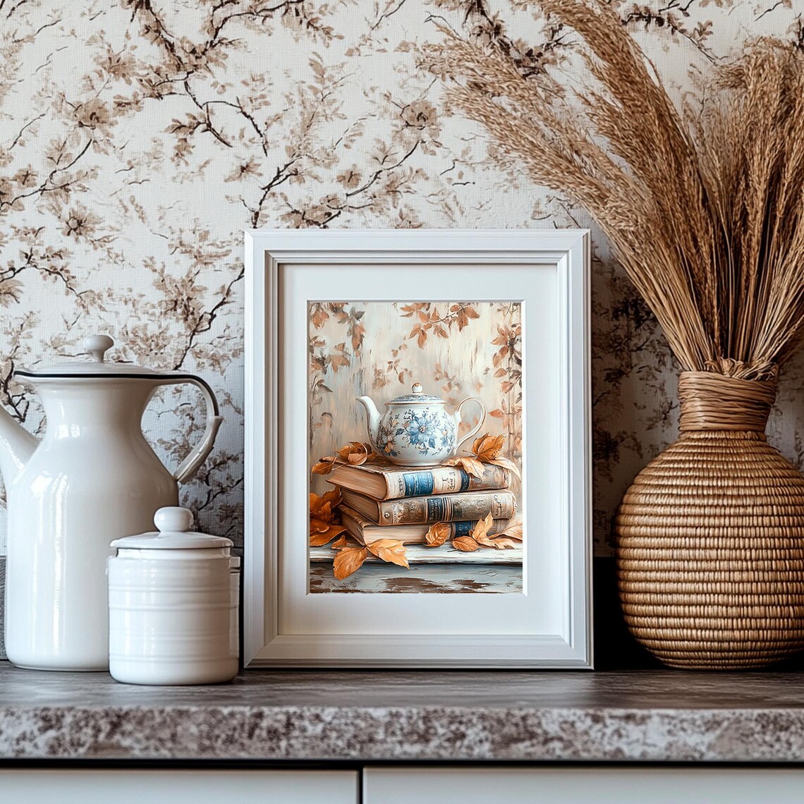 Blue Floral Teapot on Vintage Books Autumn Leaves Cozy Fall Print - Image 4