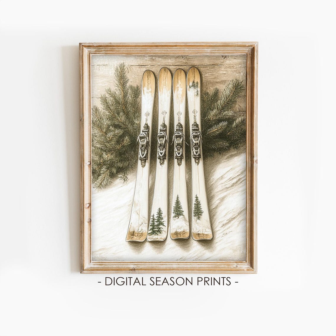 Vintage Skis Pair Pine Branches Rustic Winter Ski Lodge Wall Art
