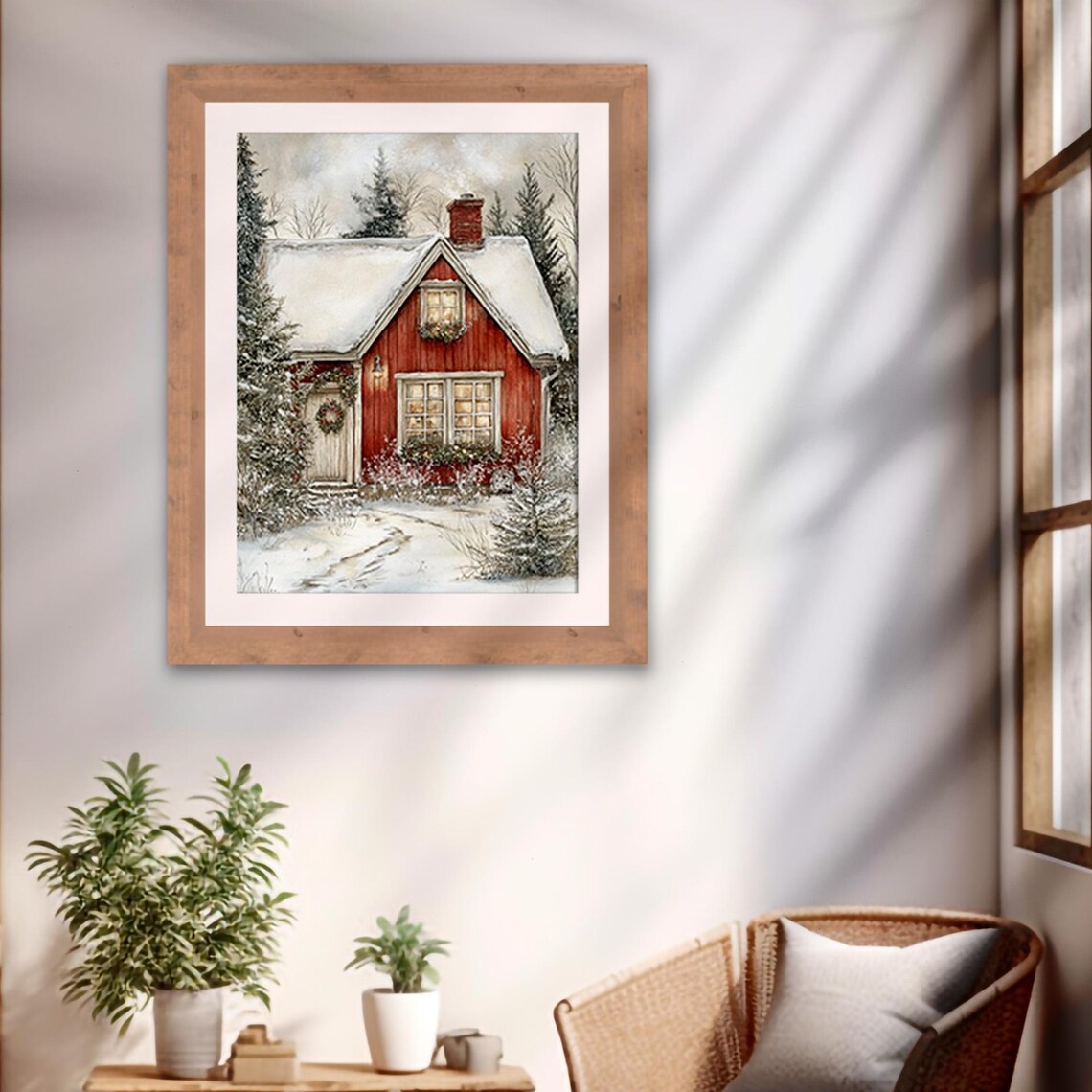 Red Cottage in Snow with a Wreath and Glowing Windows Winter Poster - Image 2