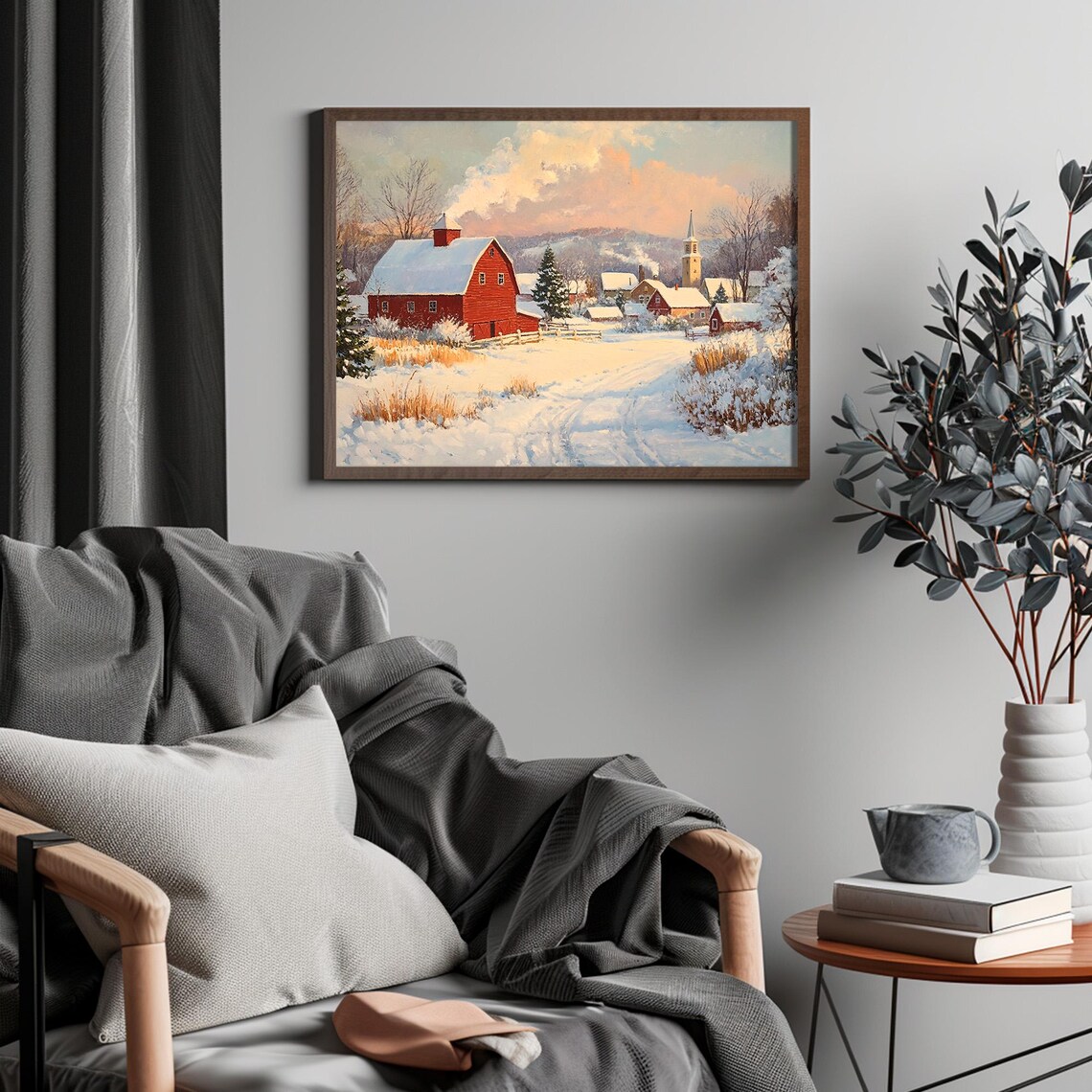 Red Barn Snowy Village Sunrise Winter Farm Countryside Poster - Image 4
