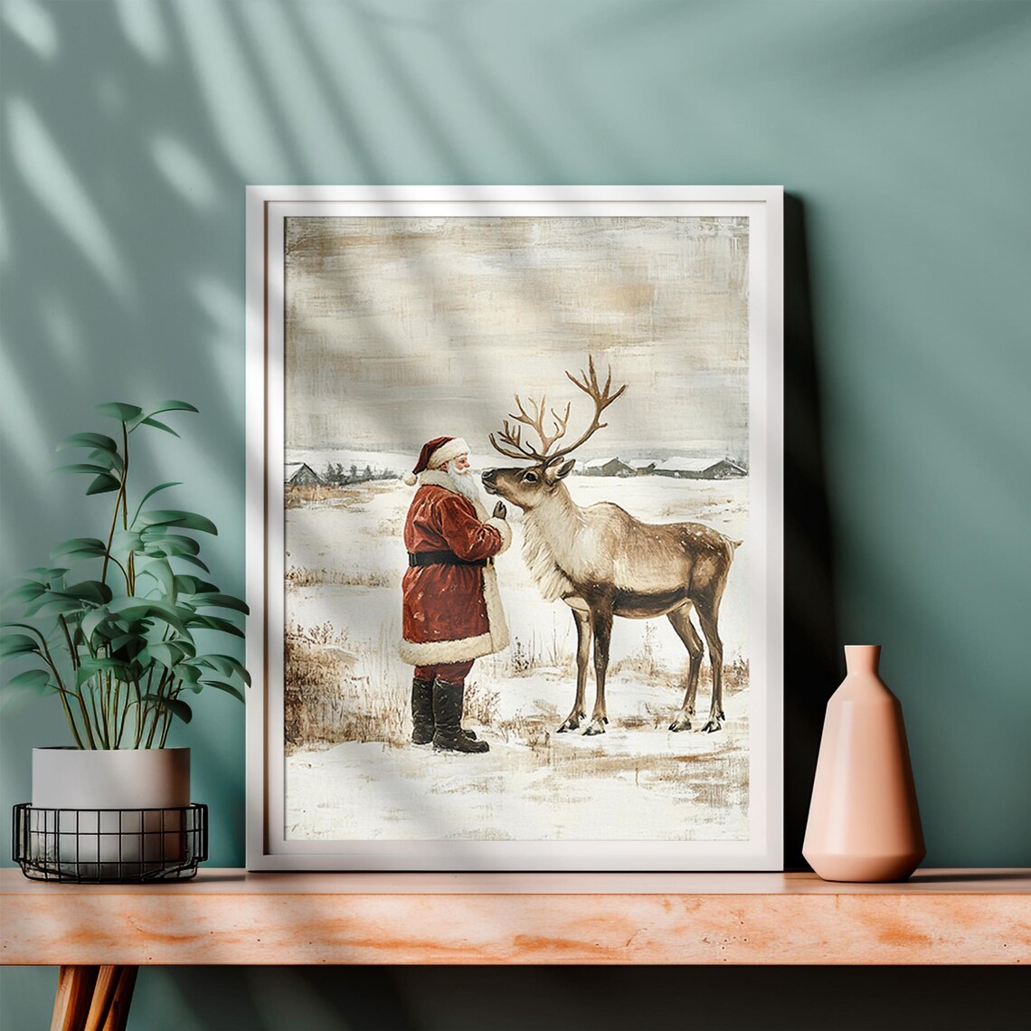 Santa Claus Greeting Reindeer Snowy Field Vintage Christmas Art Print - Image 4