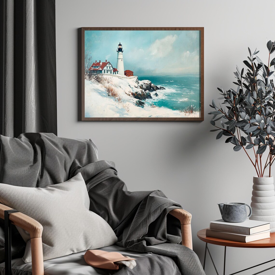 Snowy Winter Lighthouse on Rocky Coastal Cliffs Vintage Poster - Image 4