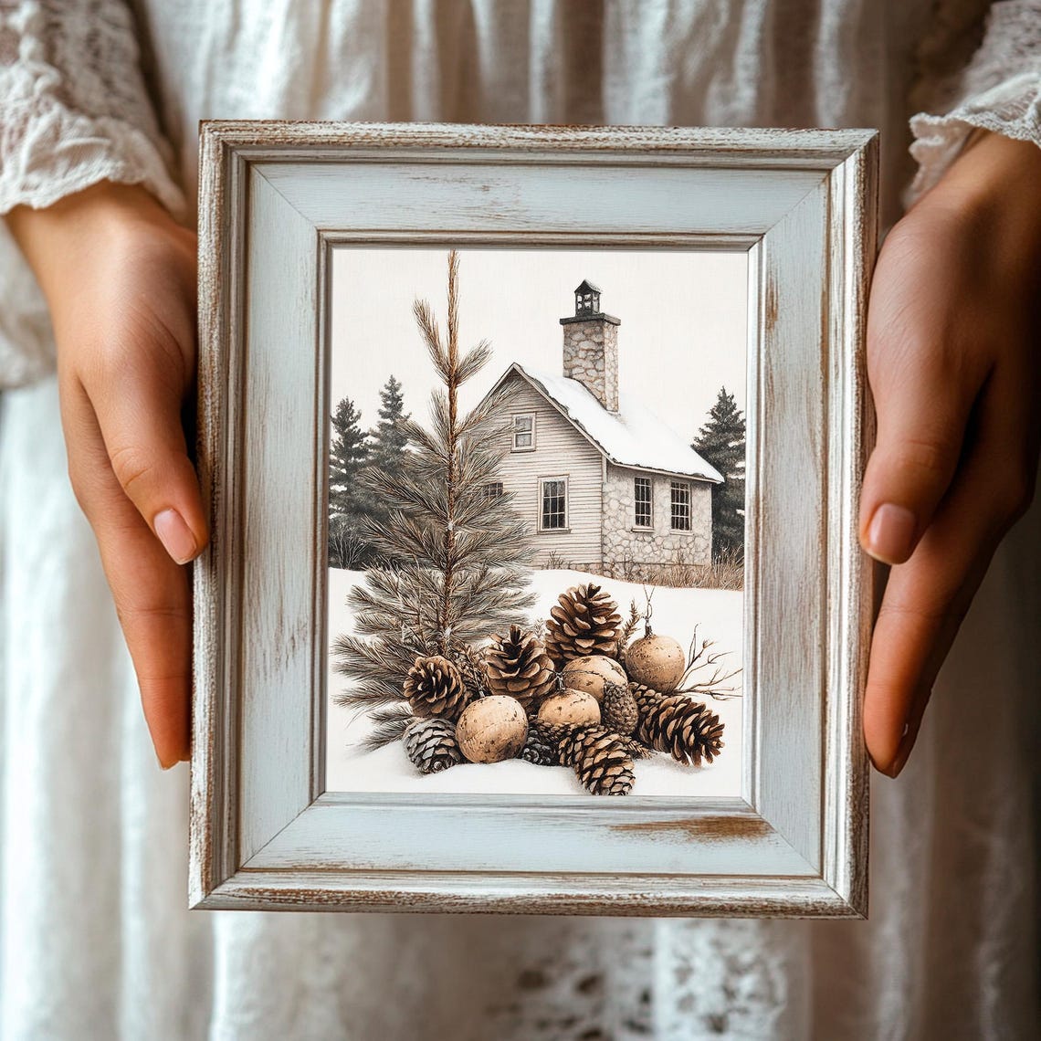 Snowy Cabin Scene With Pinecones Winter Rustic Still Life Poster - Image 3