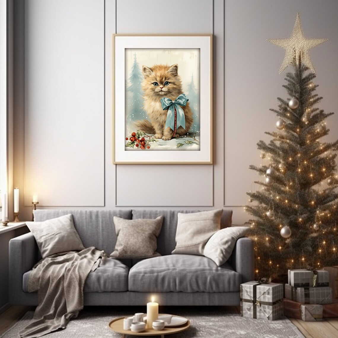 Fluffy Ginger Kitten Blue Bow Holly Berries Christmas Cat Art Poster - Image 4