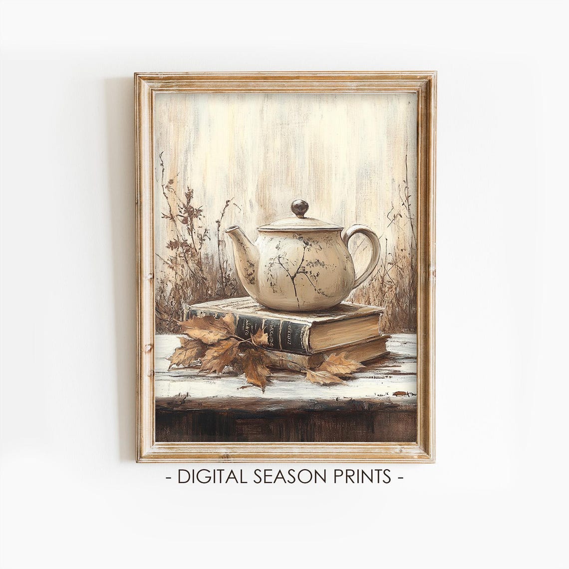 Rustic Teapot on Old Books with Dried Leaves Neutral Wall Art