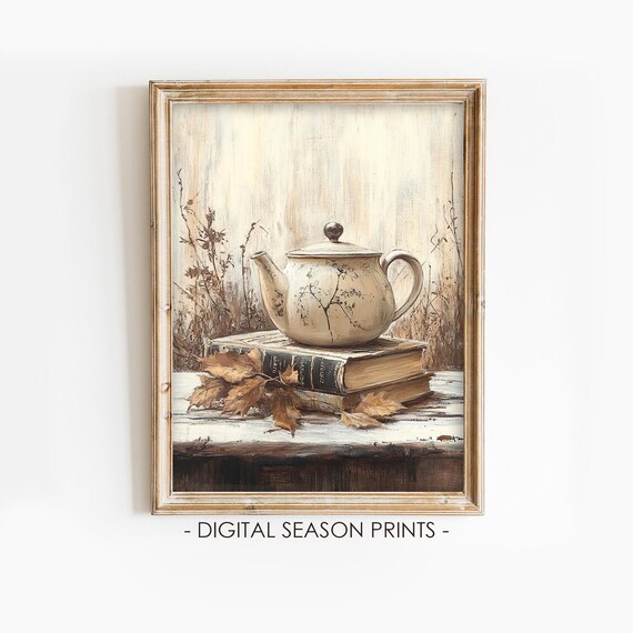 Rustic Teapot on Old Books with Dried Leaves Neutral Wall Art