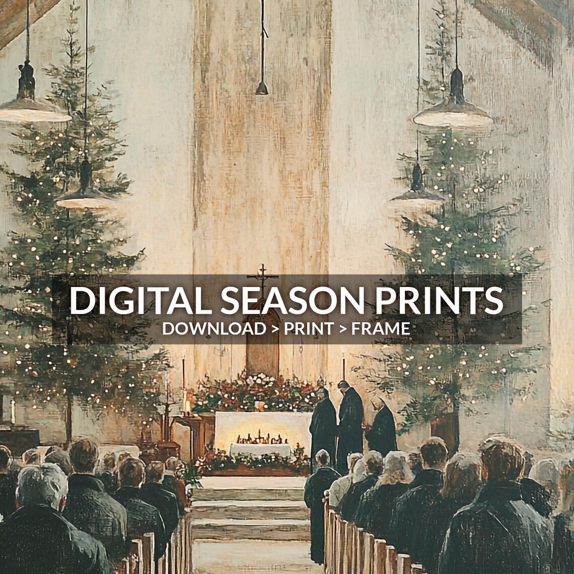 Vintage Christmas Church Interior Congregation Service Painting Poster - Image 6