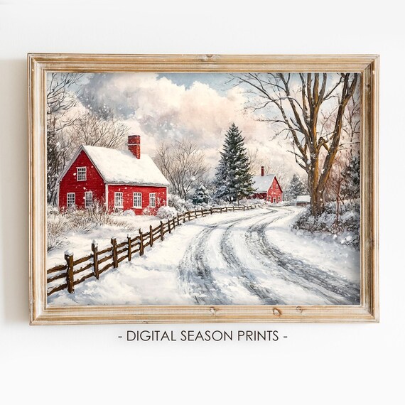 Red Farmhouses Along Snowy Country Road In Winter Vintage Painting Poster