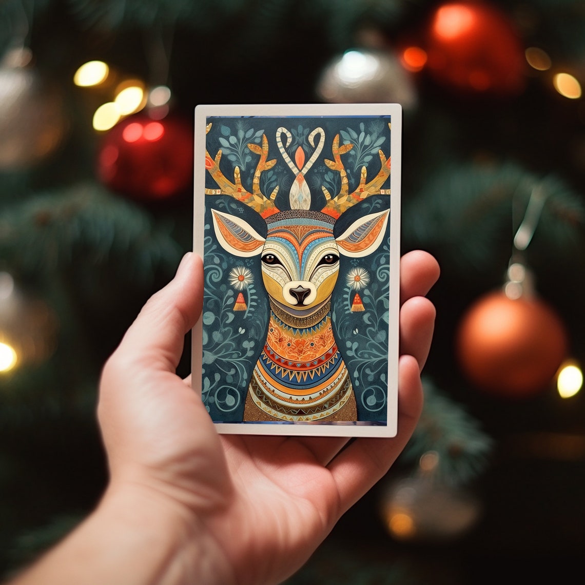 Colorful Folk Art Deer Portrait with Patterned Antlers Print - Image 4