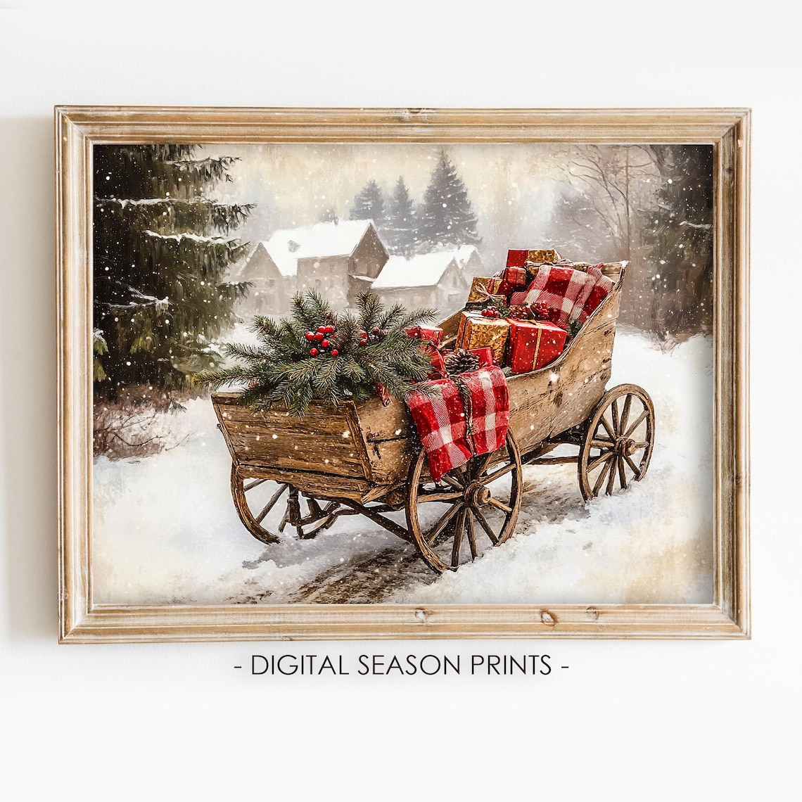 Vintage Winter Sleigh Christmas Art Print, Rustic Decor