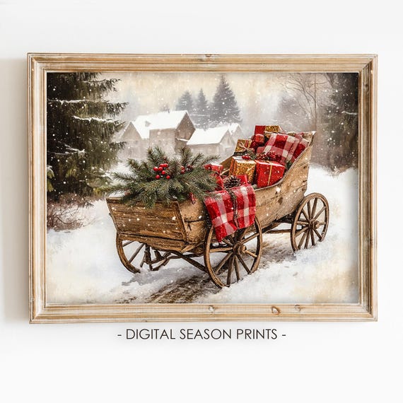 Vintage Winter Sleigh Christmas Art Print, Rustic Decor