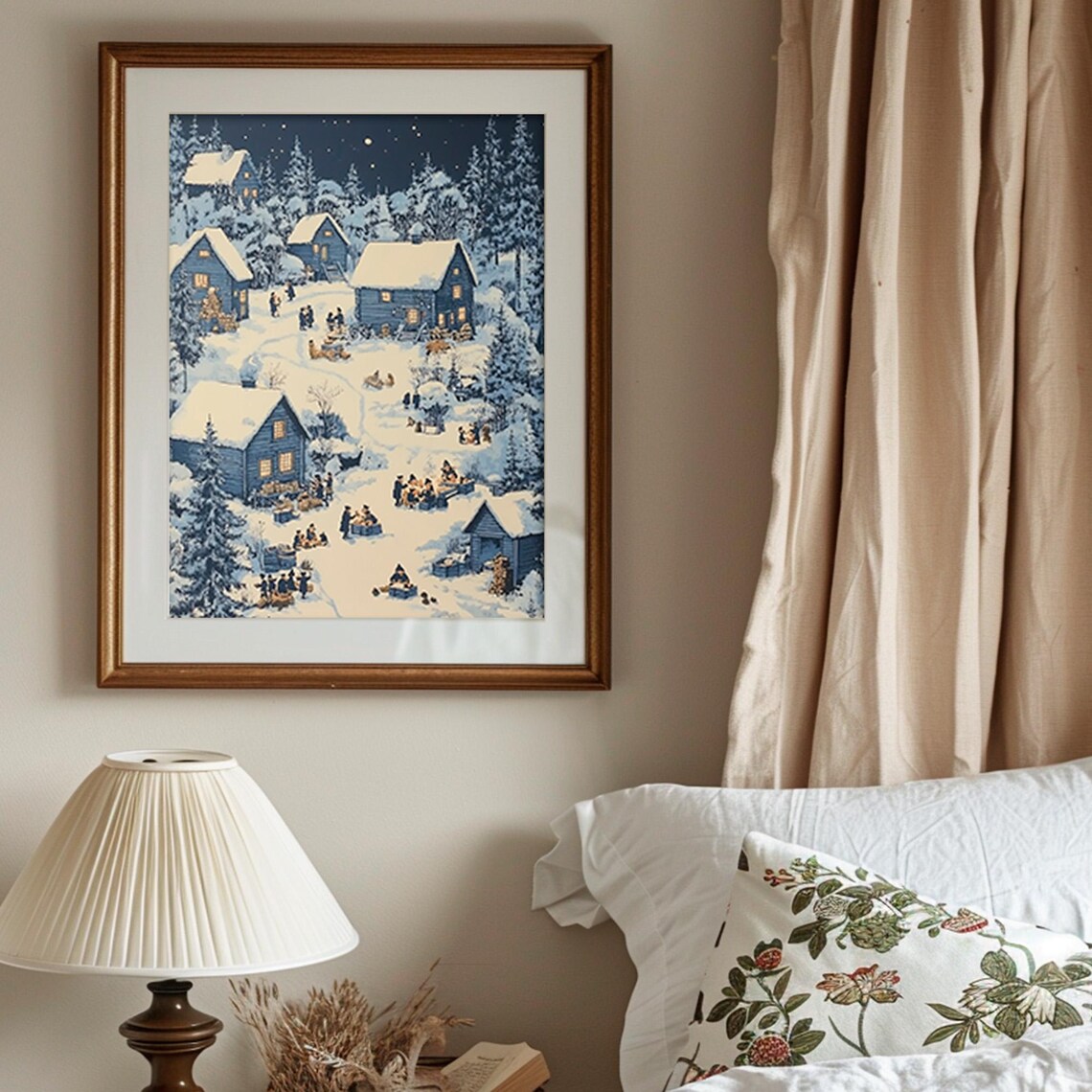 Snowy Village Christmas Eve Night Blue Cottages Vintage Scene Poster - Image 6