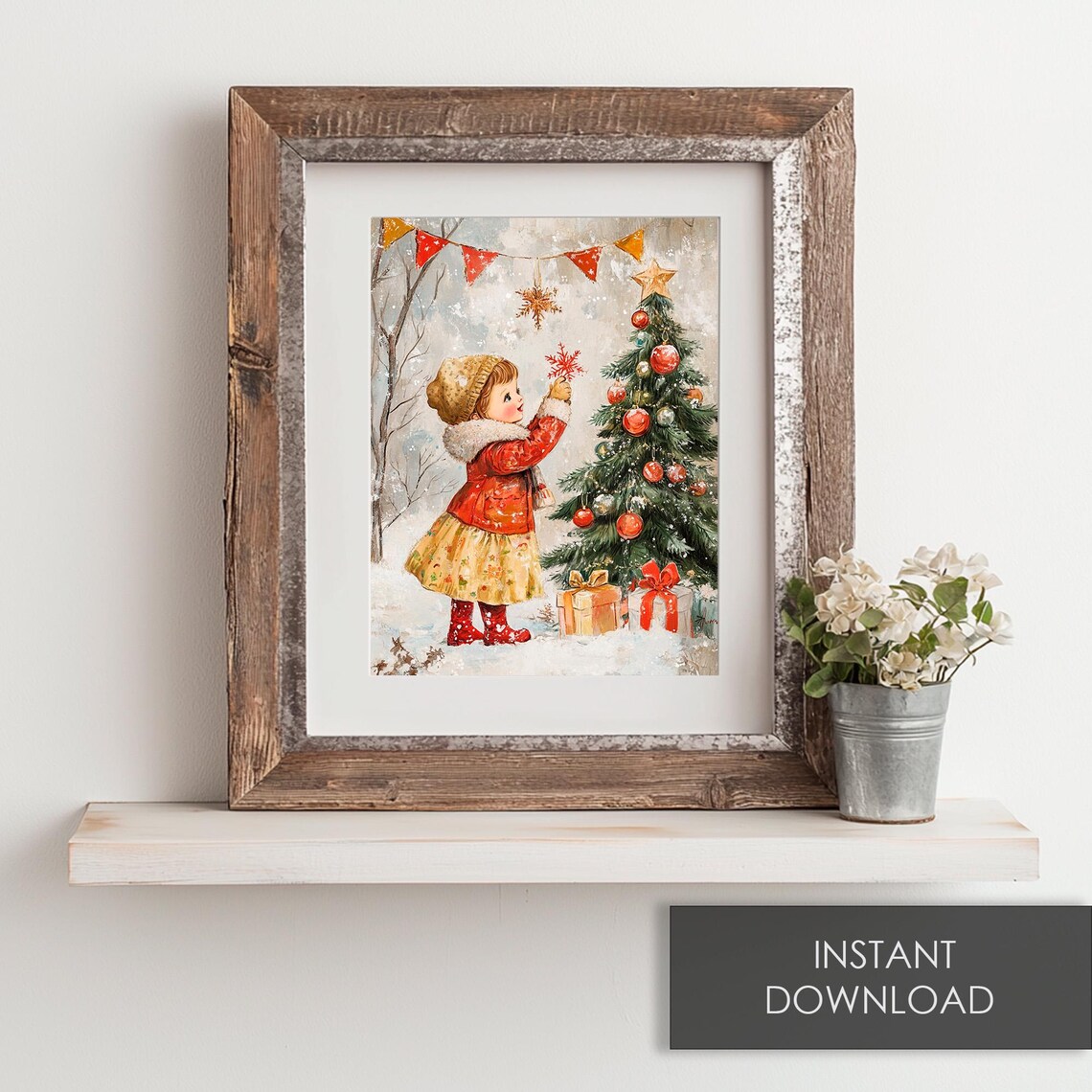 Little Girl Decorating a Christmas Tree Retro Storybook Holiday Poster - Image 6