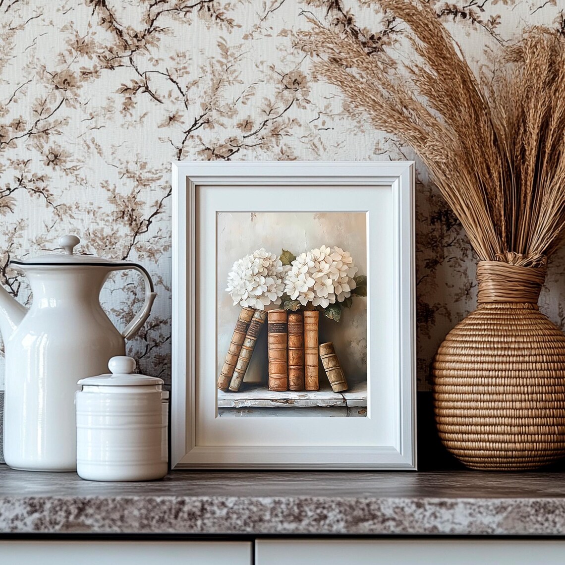Book Stack With White Hydrangea Art Print - Image 4