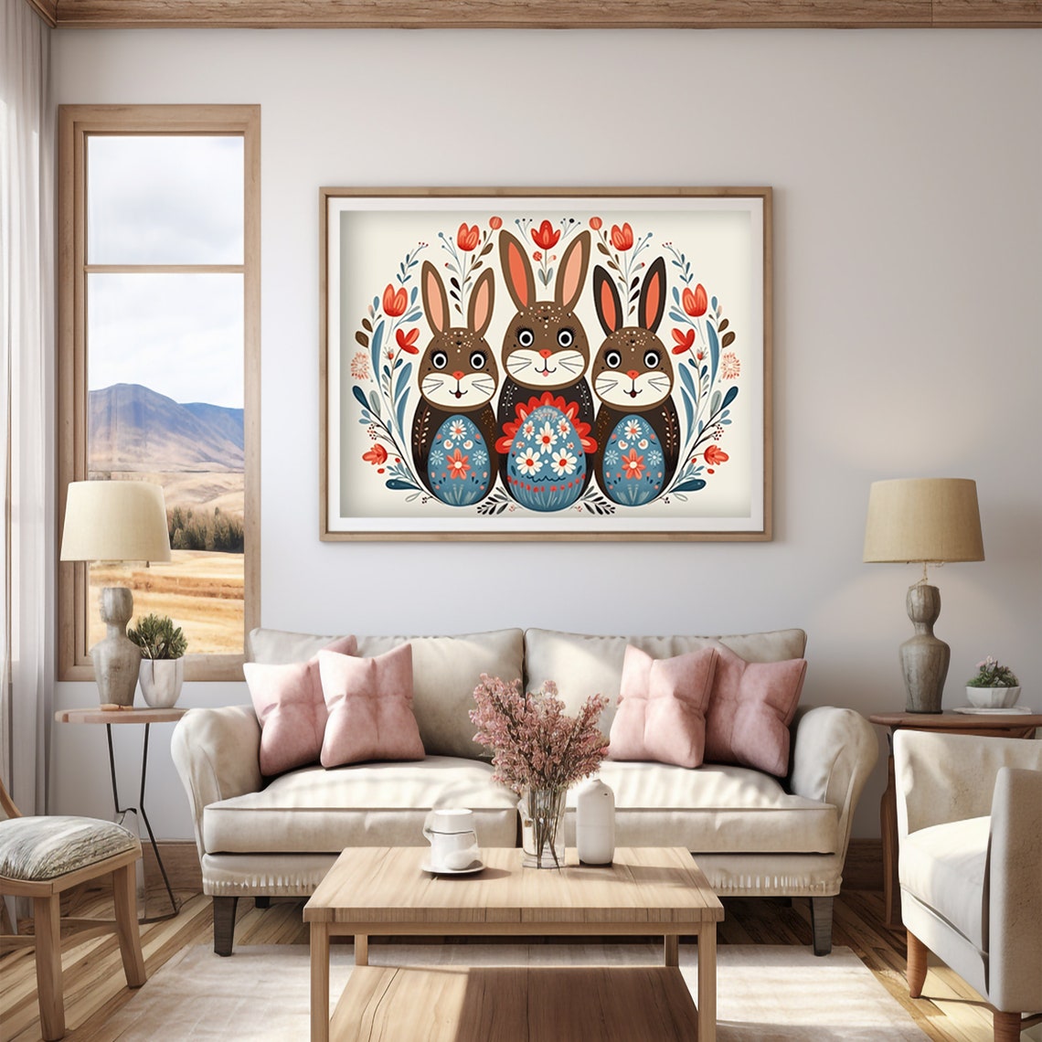 Scandinavian Folk Art Bunny Rabbits Floral Easter Animals Poster - Image 5
