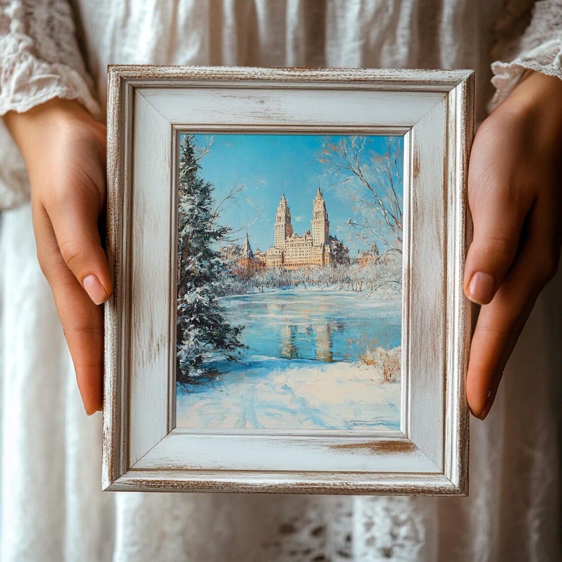 Frozen Lake Grand Twin Tower Building Winter City Skyline Poster - Image 3