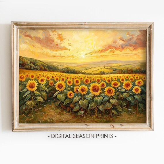 Sunflower Field at Golden Sunset Impasto Oil Painting Poster