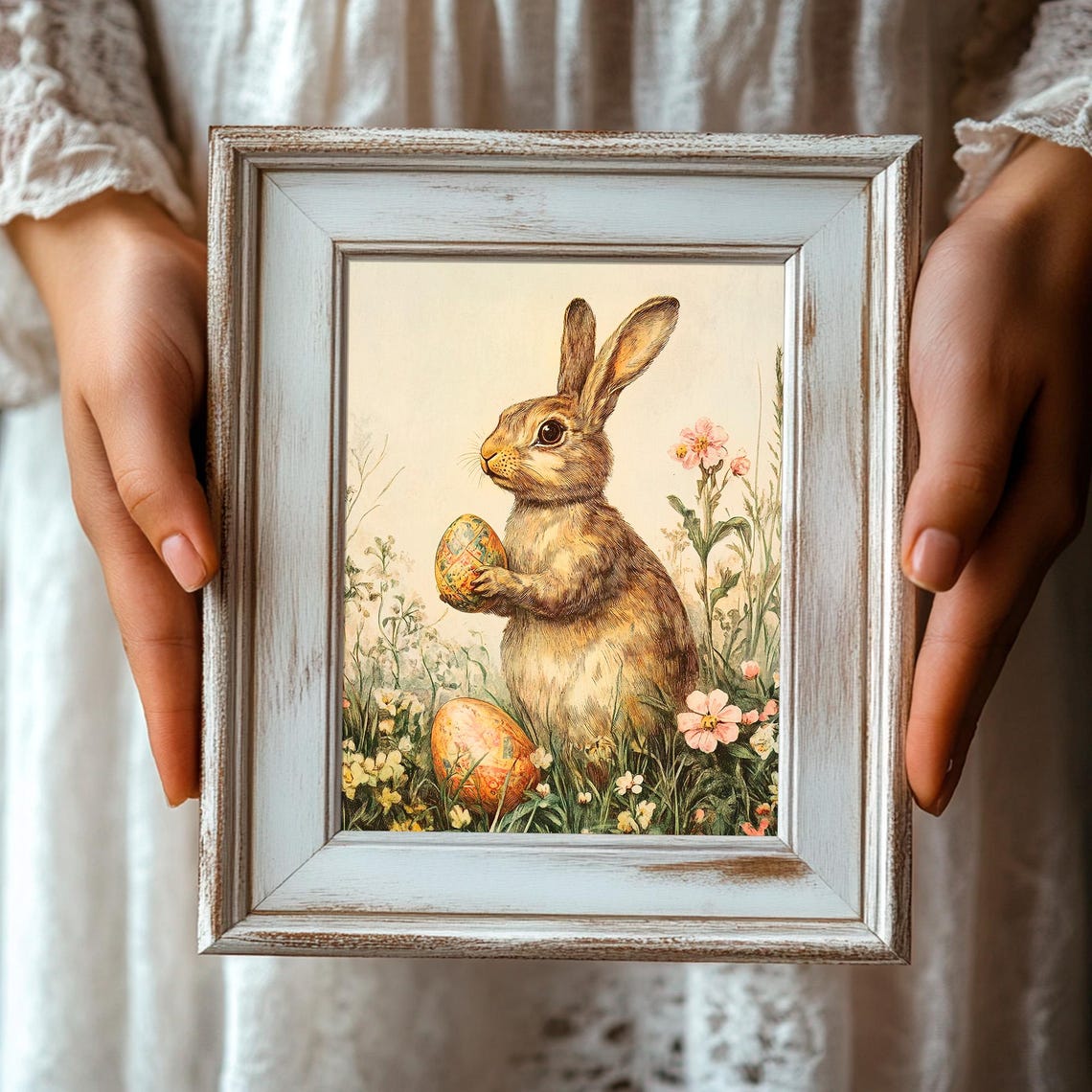 Easter Bunny Holding Painted Egg Among Spring Wildflowers Poster - Image 3