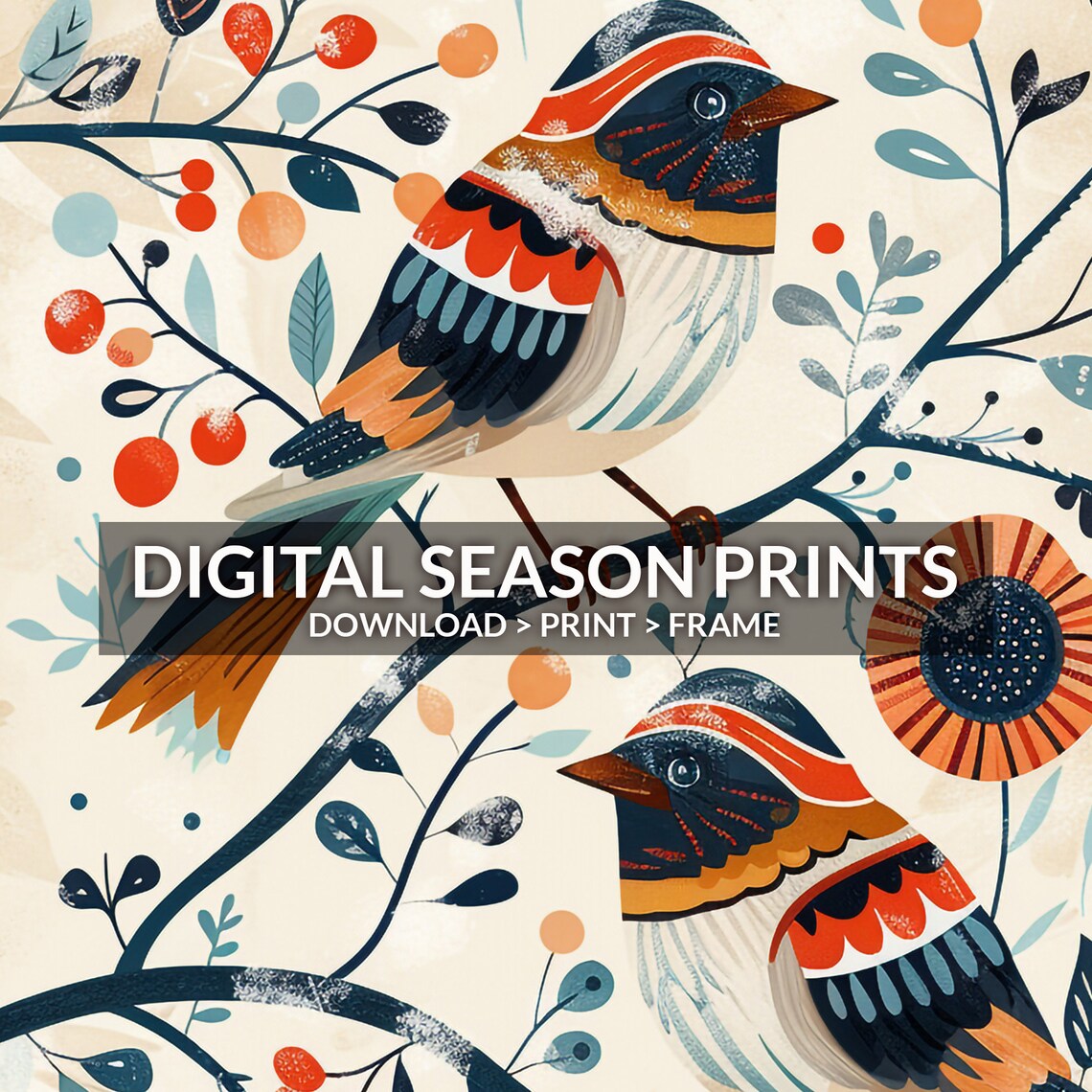 Scandinavian Folk Art Birds Berry Branch Nordic Animal Painting Poster - Image 6