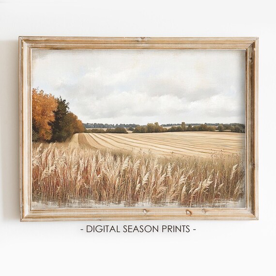 Golden Wheat Field Plowed Rows Autumn Trees Cloudy Sky Farm Art Poster