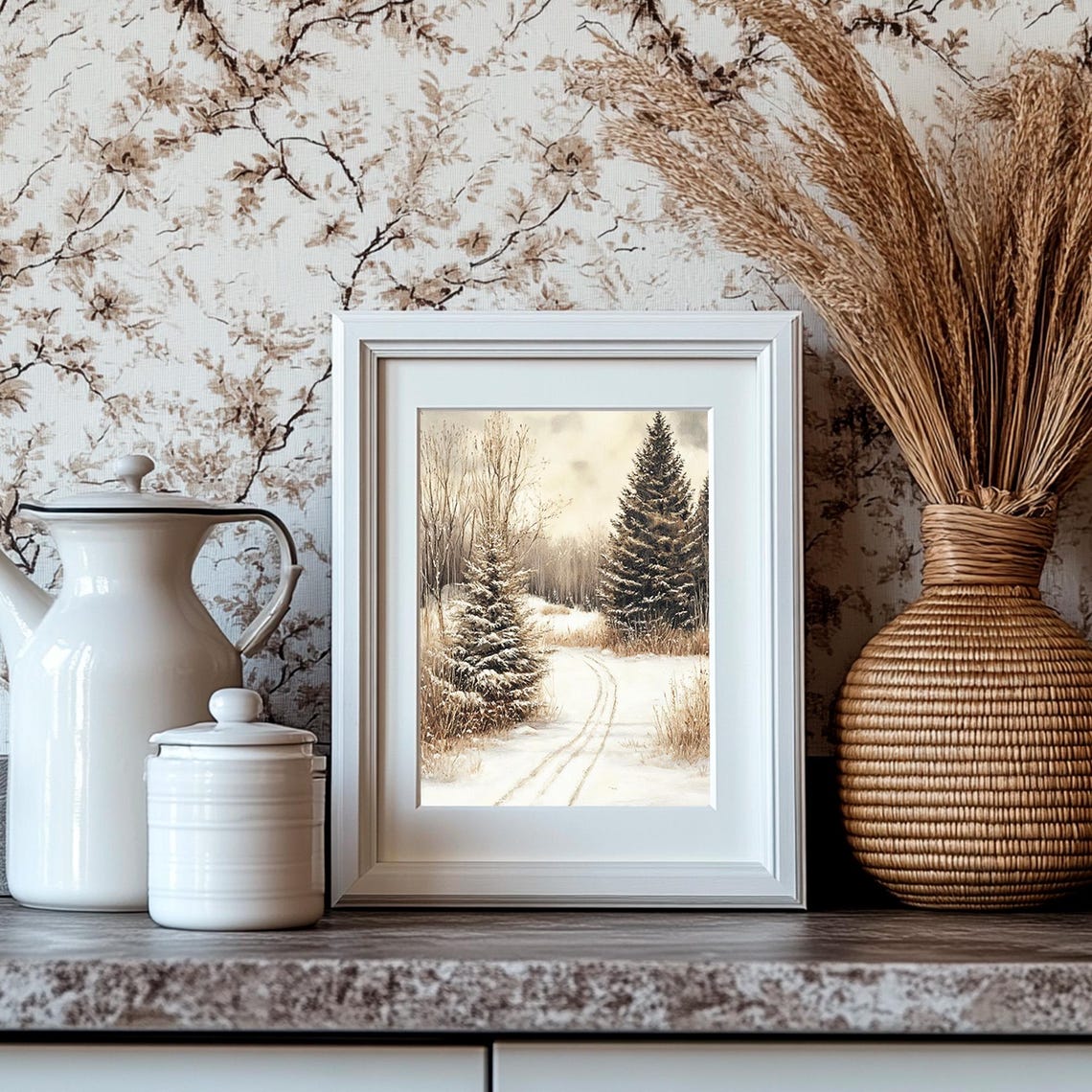 Snowy Trail Pines Winter Grasses Quiet Landscape Art Scene Poster - Image 4