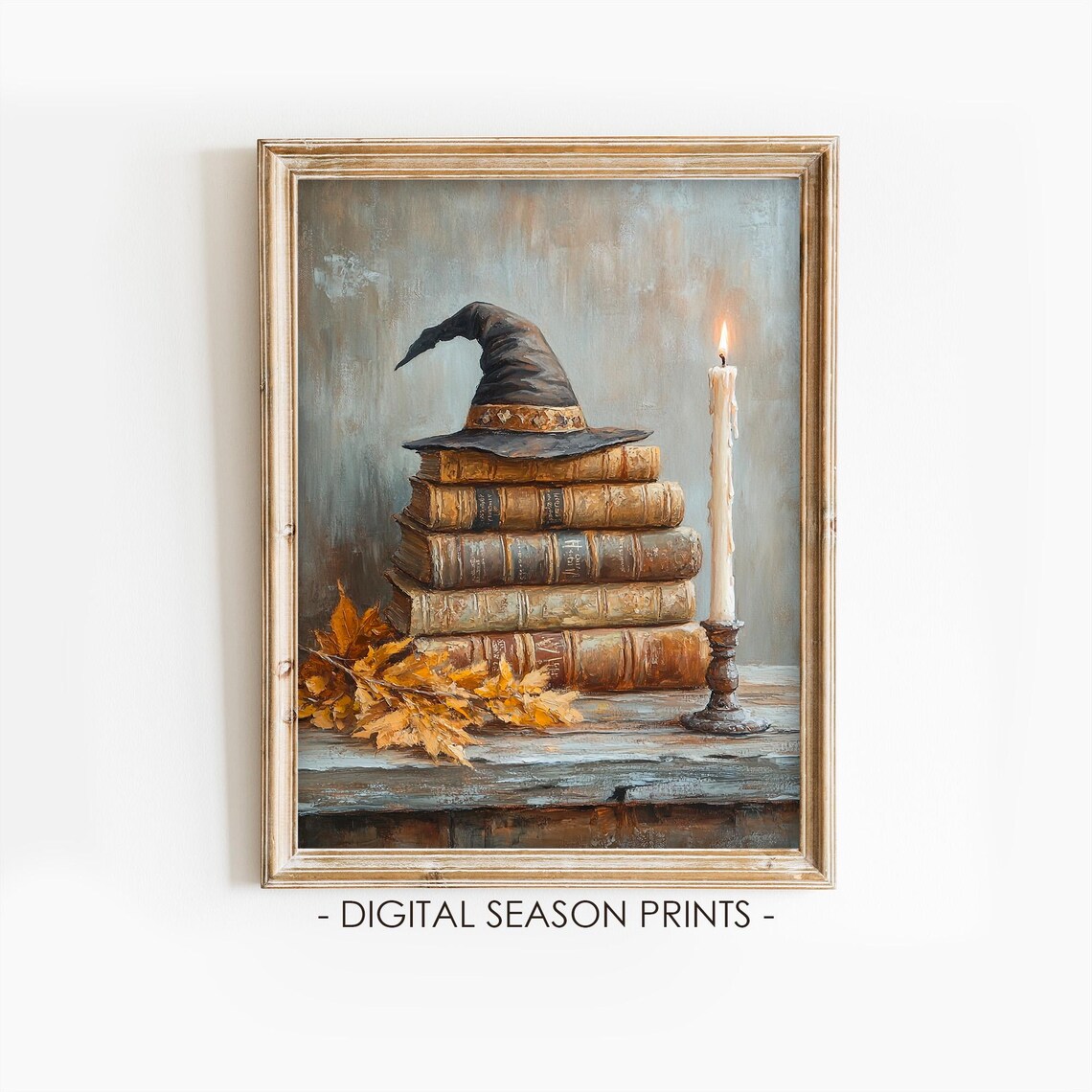 Witch Hat Spell Books Stack Candle Autumn Leaves Vintage Halloween Poster