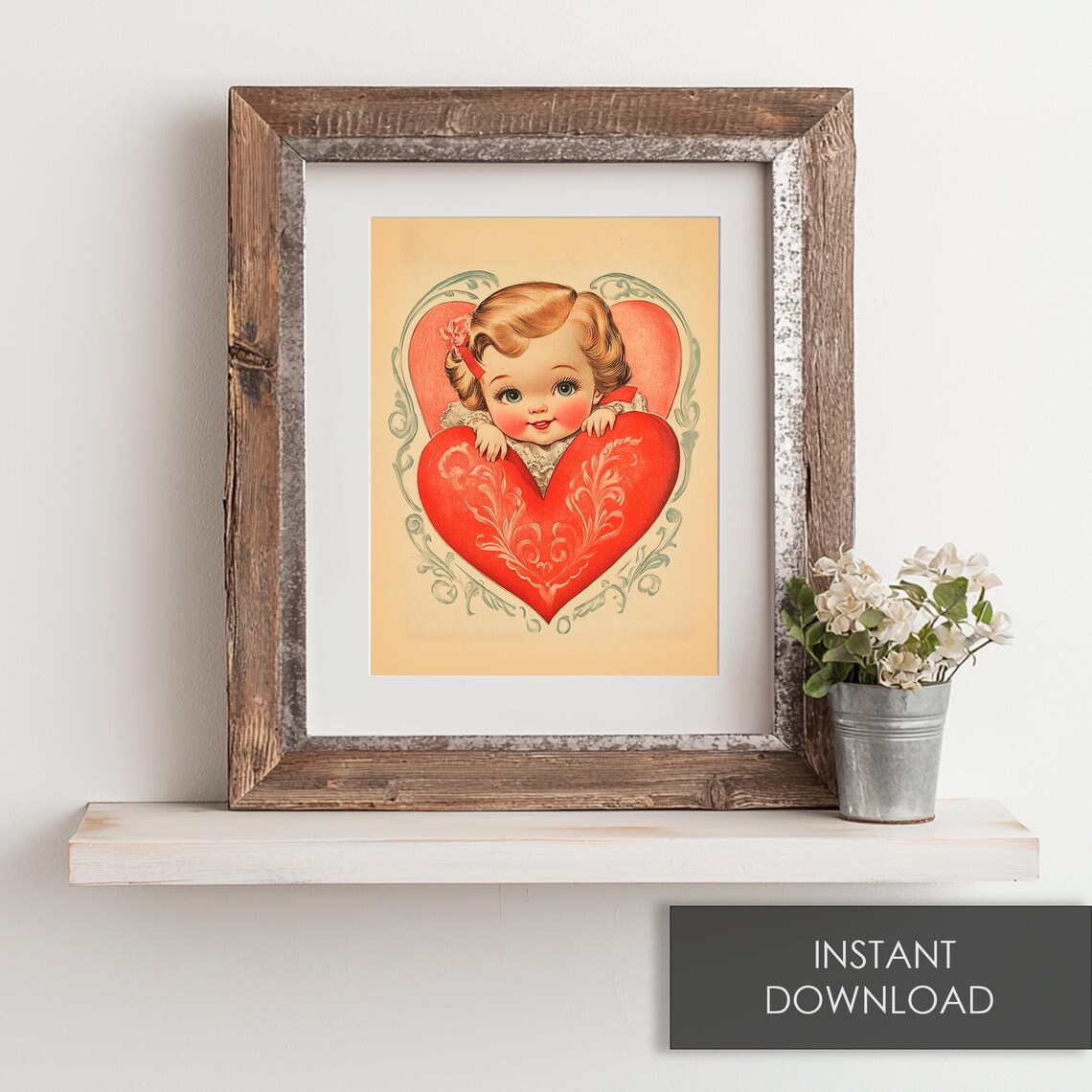 Vintage Valentines Girl Peeking Over Big Red Heart Retro Card Print - Image 6