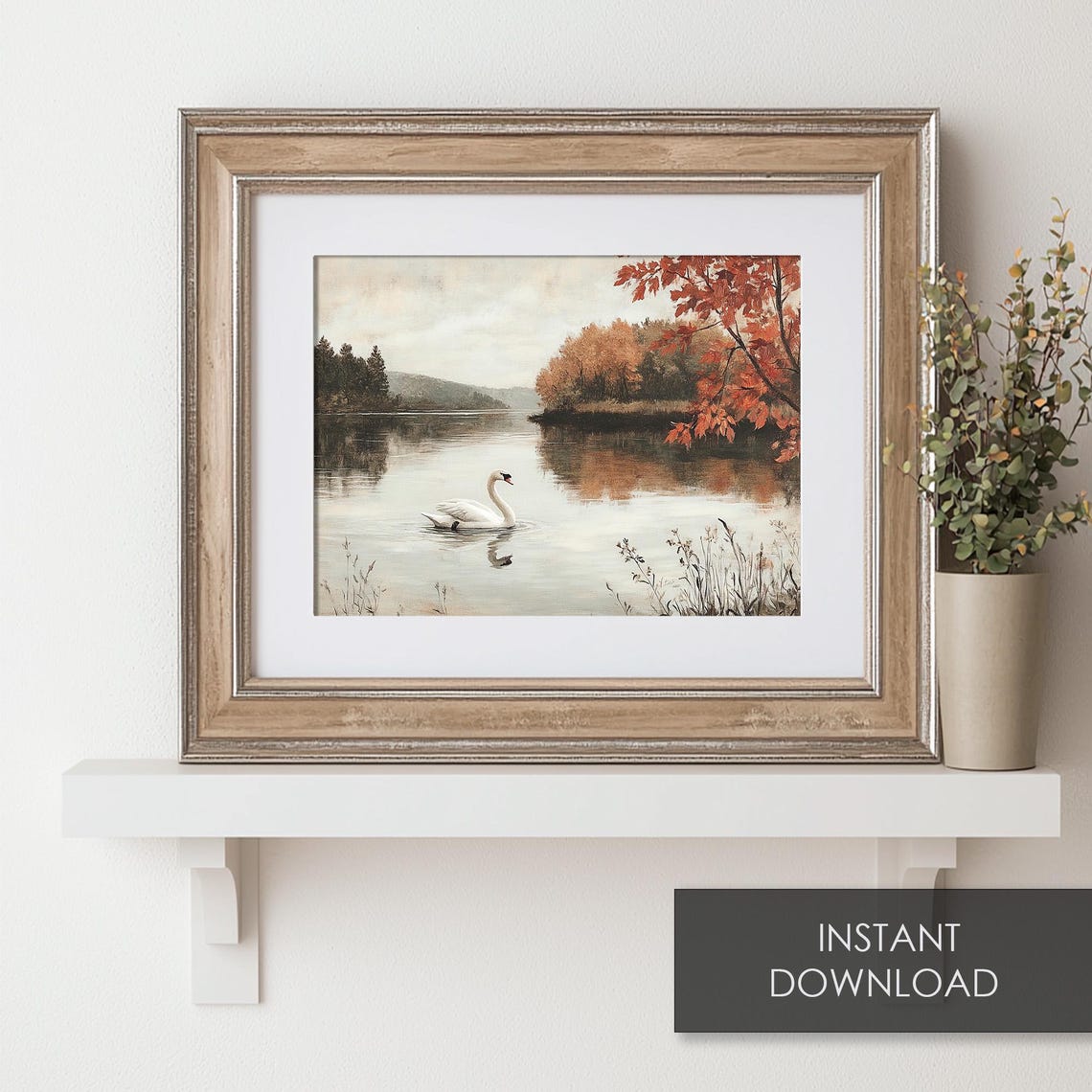 White Swan On A Misty Autumn Lake With A Red Maple Tree Poster - Image 6