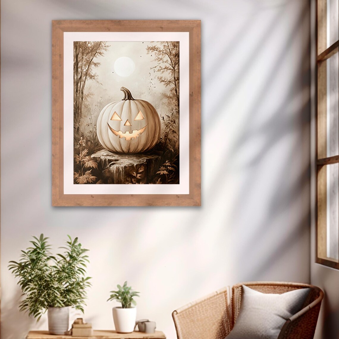 Glowing White Jack O Lantern Pumpkin Moonlit Sepia Forest Halloween Poster - Image 2