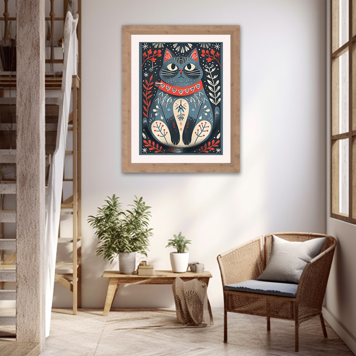 Scandinavian Folk Art Black Cat Red Floral Pattern Animal Poster - Image 3