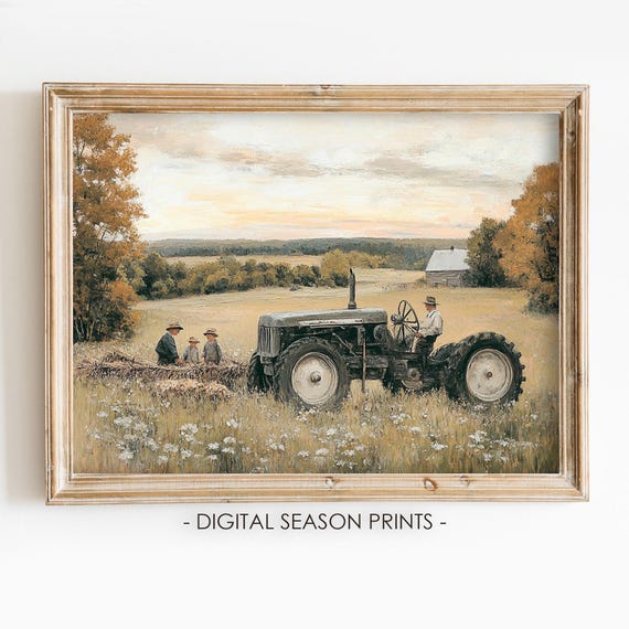 Muted Farm Wall Art Vintage Farmhouse Decor Tractor And Farmers Print Rustic Fall Cottagecore Field Country Landscape Painting