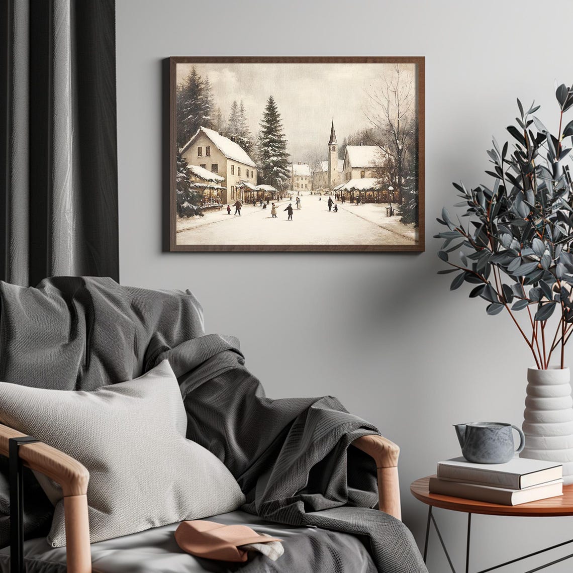 Christmas Town With Church Painting Vintage Christmas Farmhouse Home Decor Rustic Cottagecore Snowy Country Landscape Painting - Image 6