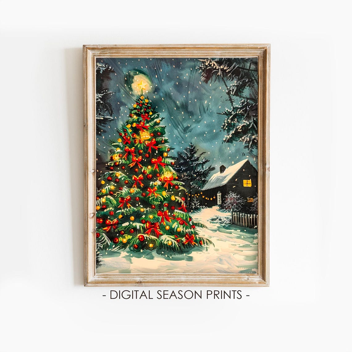 Giant Lit Christmas Tree with Red Bows Snowy Farmhouse Night Poster