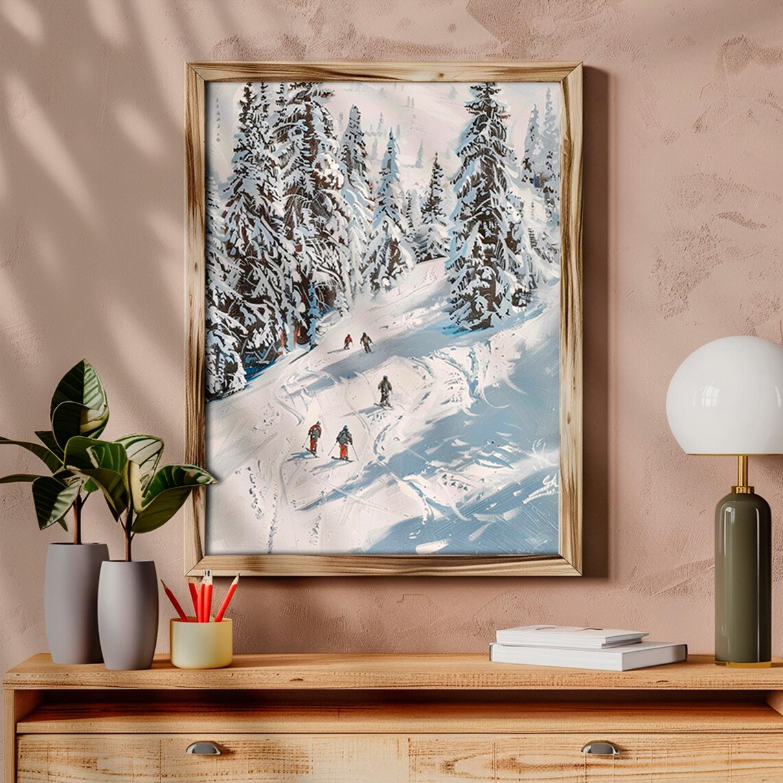 Skiers On Snowy Mountain Slope Among Pine Trees Vintage Style Print - Image 6