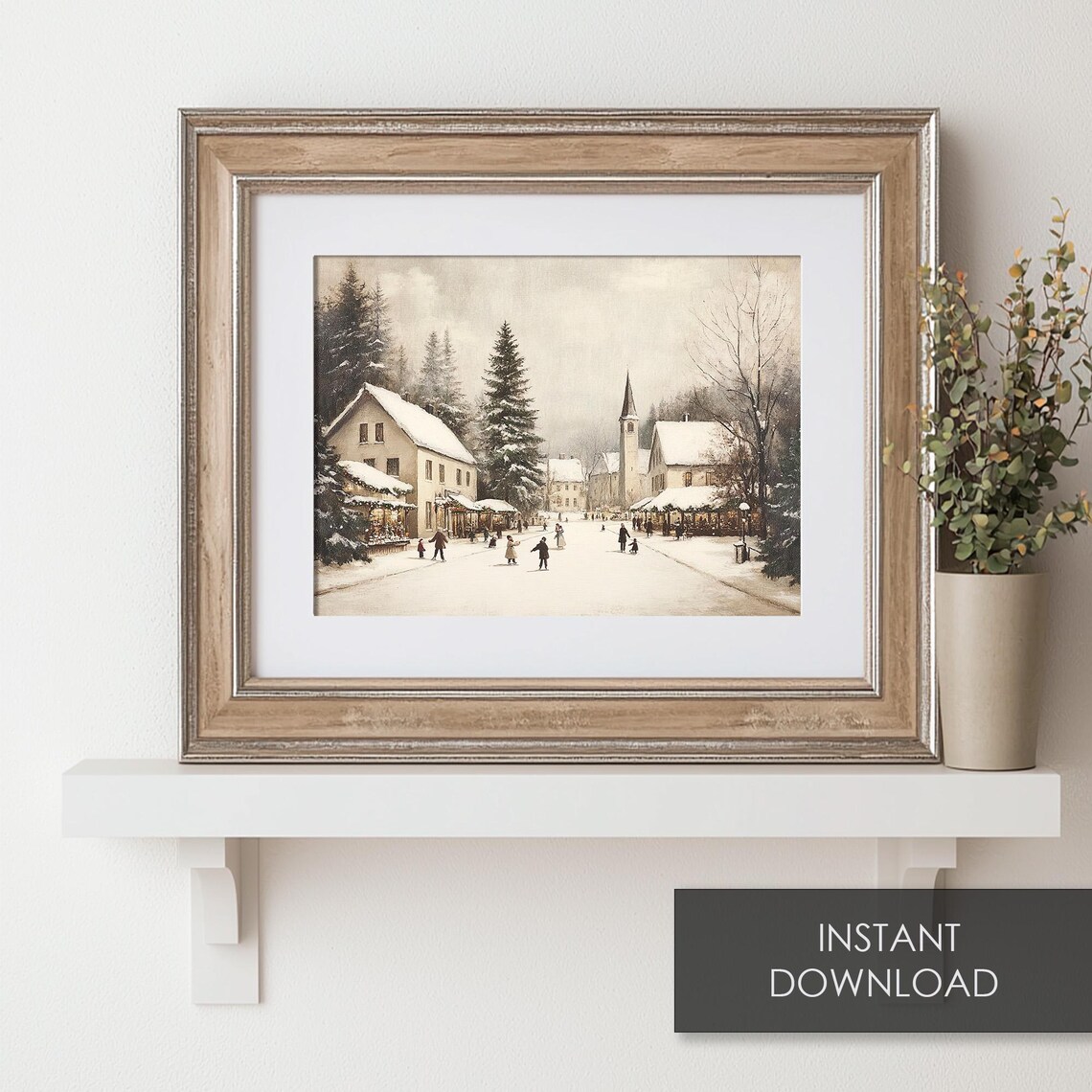Vintage Village Street Ice Skaters Snowy Church Scene Poster - Image 6