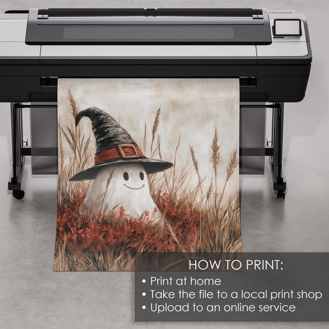 Smiling Ghost in a Tall Witch Hat Standing in Autumn Grass Poster - Image 5