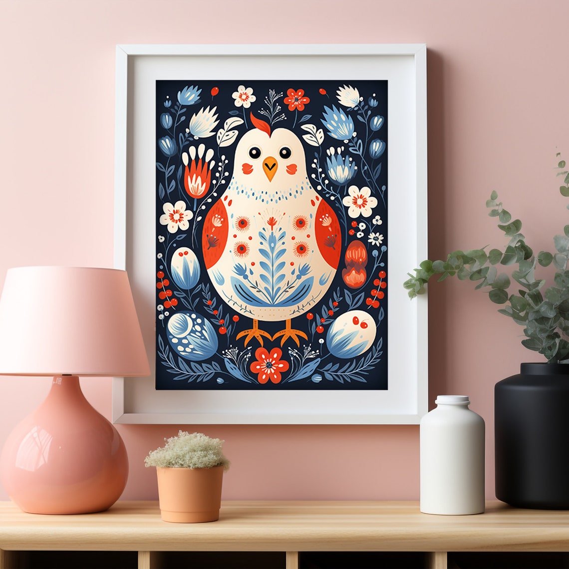 Scandinavian Folk Art Rooster Floral Navy Colorful Kitchen Art Print - Image 5