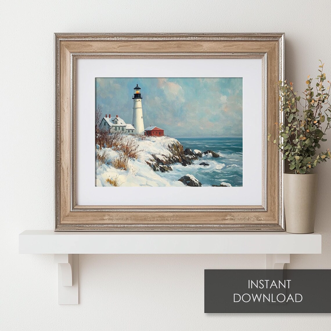 Snowy Winter Lighthouse Rocky Coast Coastal Painting Wall Art - Image 6