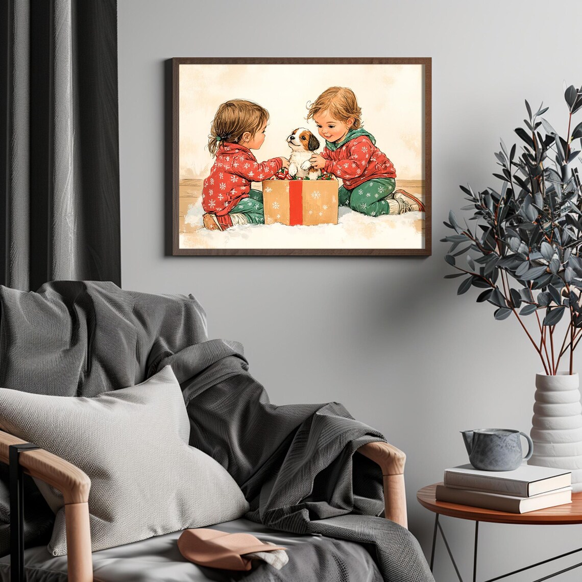 Christmas Morning Children with Puppy in Gift Box Vintage Poster - Image 4