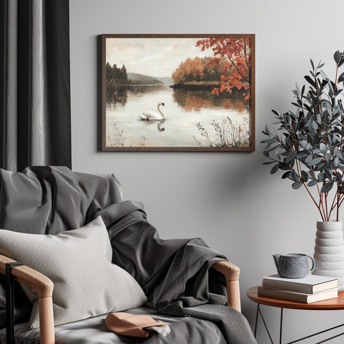 White Swan On A Misty Autumn Lake With A Red Maple Tree Poster - Image 4